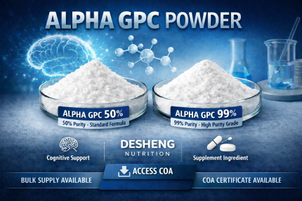 Polvo alfa GPC 50% y 99% pureza de Desheng Nutrition, materia prima nootrópica blanca de grado farmacéutico con COA disponible