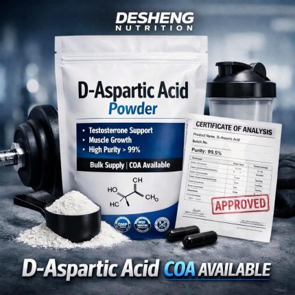 Polvo de ácido D-aspártico de Desheng Nutrition con COA, polvo cristalino blanco en una cucharada, bolsa resellable, y frasco mezclador para suplementos de nutrición deportiva.