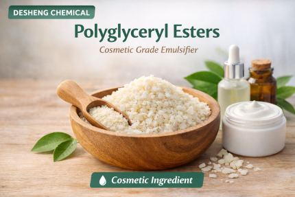 Emulsificante de grau cosmético de ésteres de poliglicerila em uma tigela de madeira com frasco de creme e frasco conta-gotas, ingrediente cosmético natural, Marca DESHENG QUÍMICA, adequado para formulações de cuidados com a pele e cuidados pessoais.