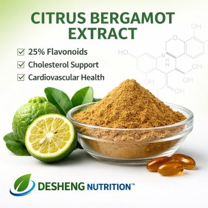 Extracto de bergamota cítrica en polvo en un recipiente de vidrio con frutas frescas de bergamota y hojas verdes, demostración 25% contenido de flavonoides, Apoyo al colesterol y beneficios para la salud cardiovascular., con el logotipo de Desheng Nutrition