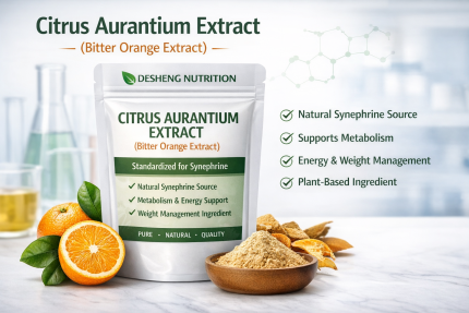Extracto de cítricos aurantium de DESHENG NUTRITION (Extracto de naranja amarga) en una bolsa blanca resellable con etiqueta verde y naranja, mostrando beneficios clave, incluida la fuente natural de sinefrina, Metabolismo & Apoyo energético, y control de peso. Al lado de la bolsa se colocan naranjas frescas enteras y en rodajas y un recipiente con extracto en polvo sobre un fondo de laboratorio limpio, enfatizando lo natural, ingredientes de origen vegetal.