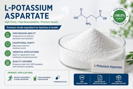 Immagine del prodotto professionale di L-aspartato di potassio che mostra polvere cristallina bianca, struttura chimica, Distintivo di purezza ≥98%., e vantaggi chiave per gli integratori, cibo, e uso farmaceutico.