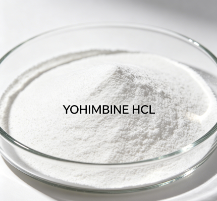 Polvere cristallina bianca di Yohimbina HCl (Yohimbina cloridrato) in una capsula Petri di vetro trasparente, prodotto ravvicinato girato per materie prime chimiche.