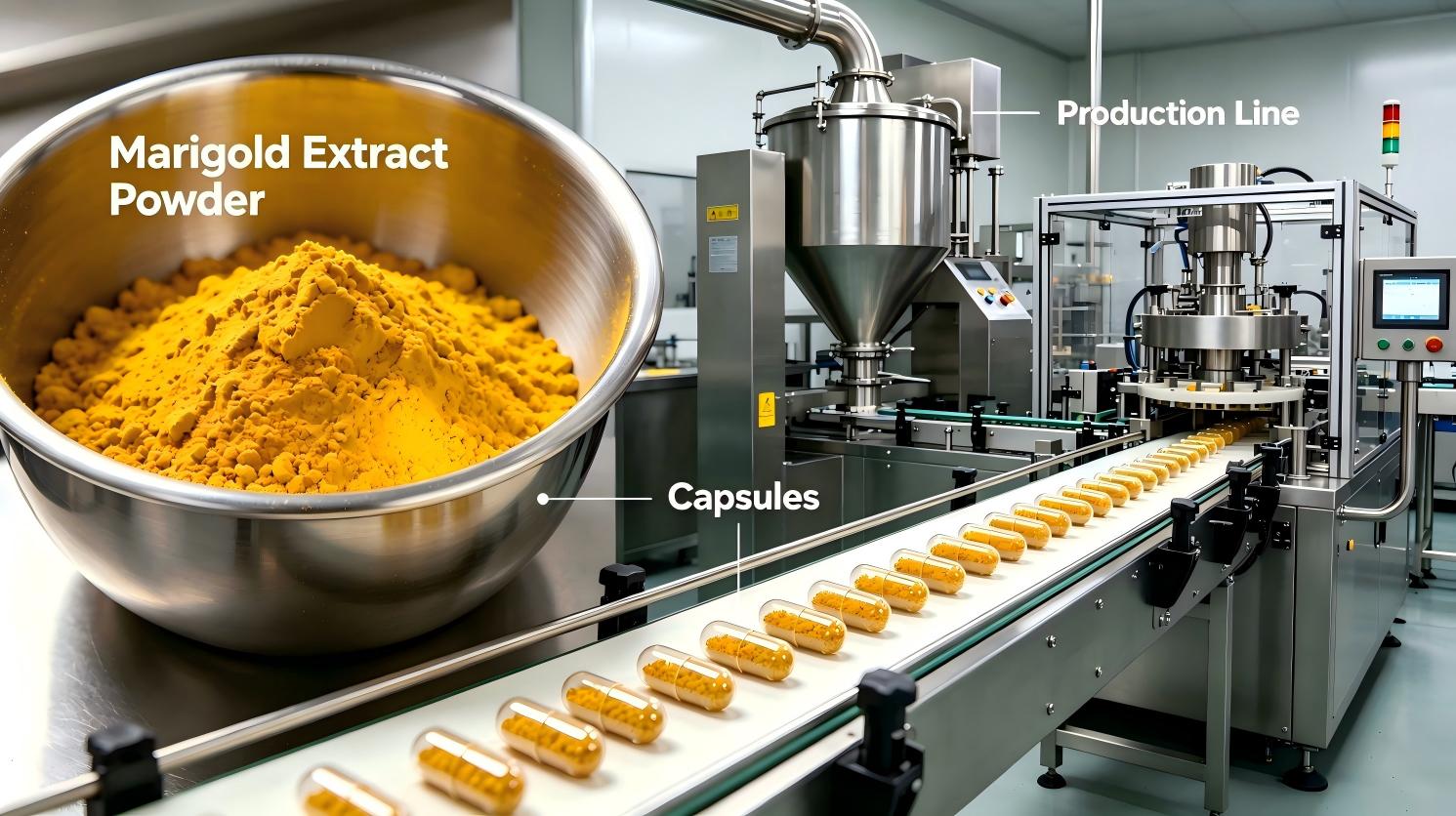 Ringelblumenblütenextraktpulver wird in einer sauberen Produktionslinie zu Luteinkapseln verarbeitet, Herstellung von natürlichen Nahrungsergänzungsmitteln für die Augengesundheit