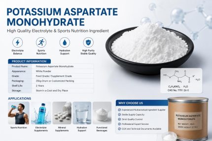 Polvere bianca monoidrato di aspartato di potassio utilizzata come elettrolita e ingrediente nutrizionale sportivo con informazioni sul prodotto, applicazioni, ed espositori per imballaggi per la produzione di integratori alimentari