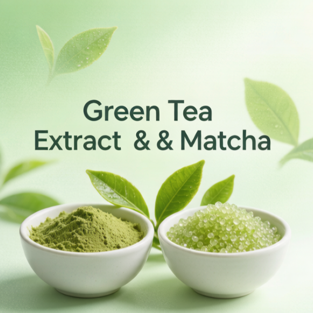 Square promotional banner of pure green tea extract supplement in a glass dropper bottle on a soft green background with 'Nature's Pure Essence