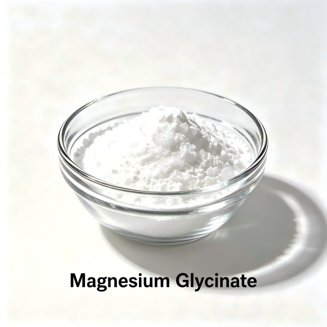 Square blog infographic featuring Magnesium Glycinate powder, listing seven core criteria to select qualified bulk Magnesium Glycinate raw material suppliers for dietary supplement manufacturers.