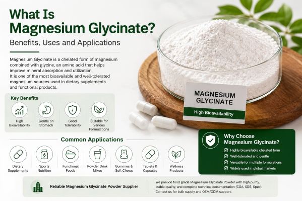 White crystalline Magnesium Glycinate raw powder in clear glass bowl on wooden tray alongside empty supplement capsules, educational infographic introducing glycinate magnesium’s definition, key health benefits, common product applications and bulk supplier service info with green botanical background accents.
